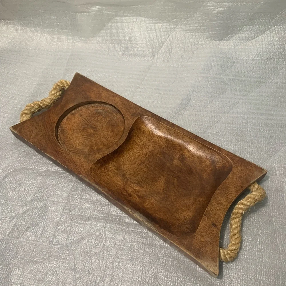 Vintage Wooden Snack Serving Tray w Rope Handles Dip Bowl Compartment Rustic MCM